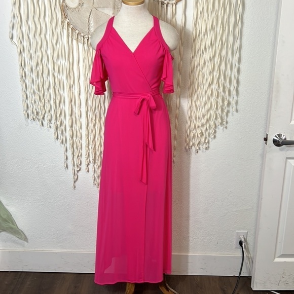 Thalia Sodi NWT Hot Pink Cold Shoulder Mesh Midi Dress Size XS - Picture 3 of 11